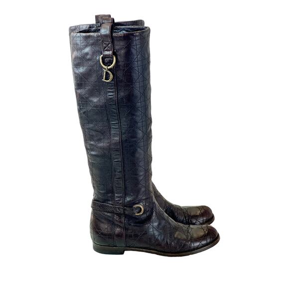 Dior Cannage Leather Boots Brown Knee High Riding CD Logo Womens 6.5 - Read